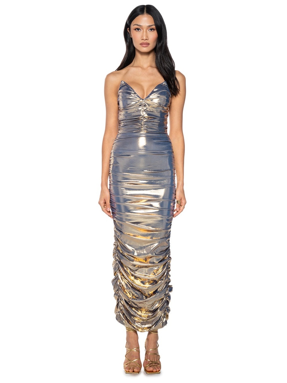 Akira S Bring the Heat Metallic Gold and blue Ruched bodycon Maxi Dress